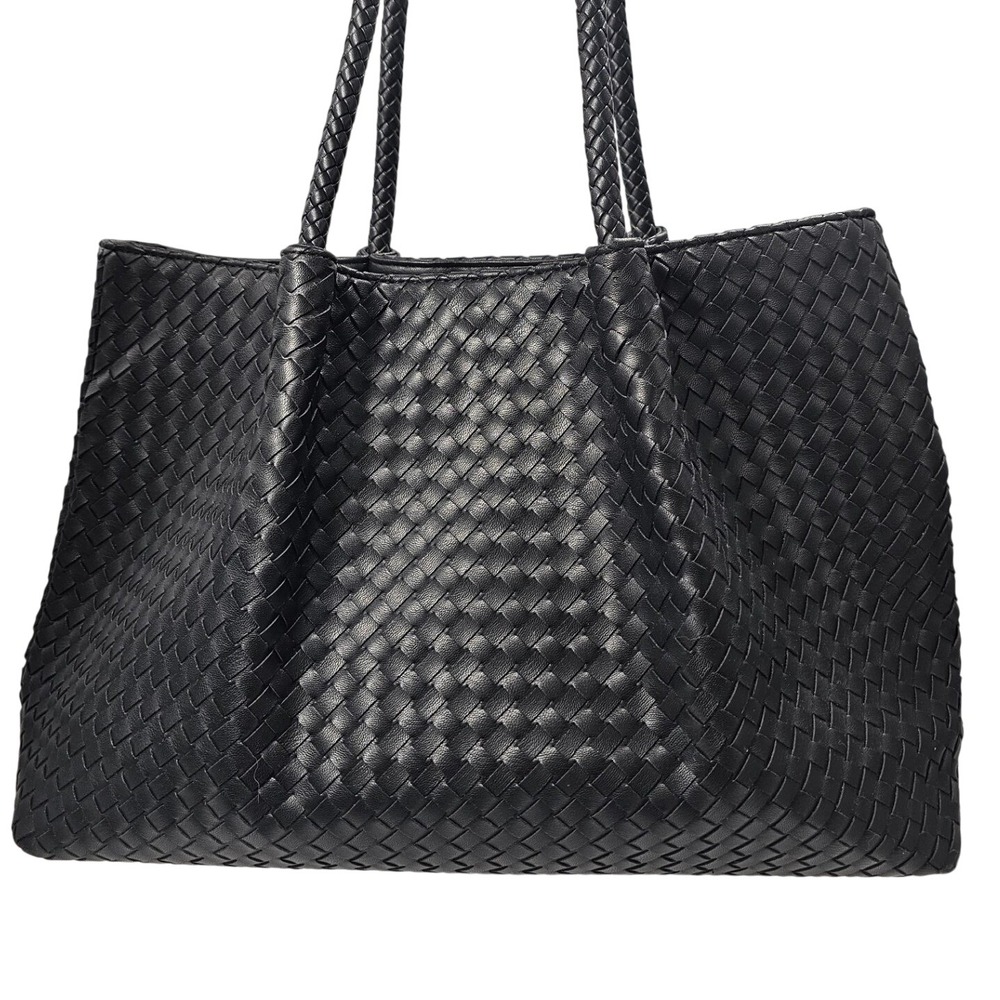 Lulu Dharma Black Woven Vegan Leather Tote Bag Shoulder Bag Intrecciato Style